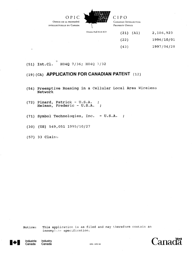 Canadian Patent Document 2186923. Cover Page 19980708. Image 1 of 1