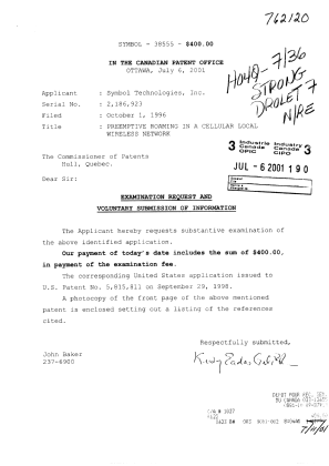 Document de brevet canadien 2186923. Poursuite-Amendment 20010706. Image 1 de 1