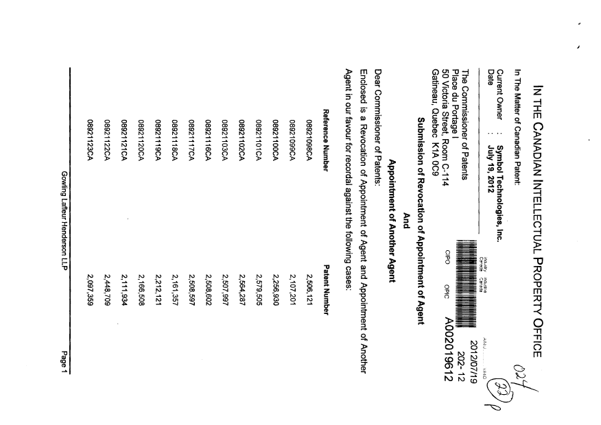 Document de brevet canadien 2186923. Correspondance 20120719. Image 1 de 4