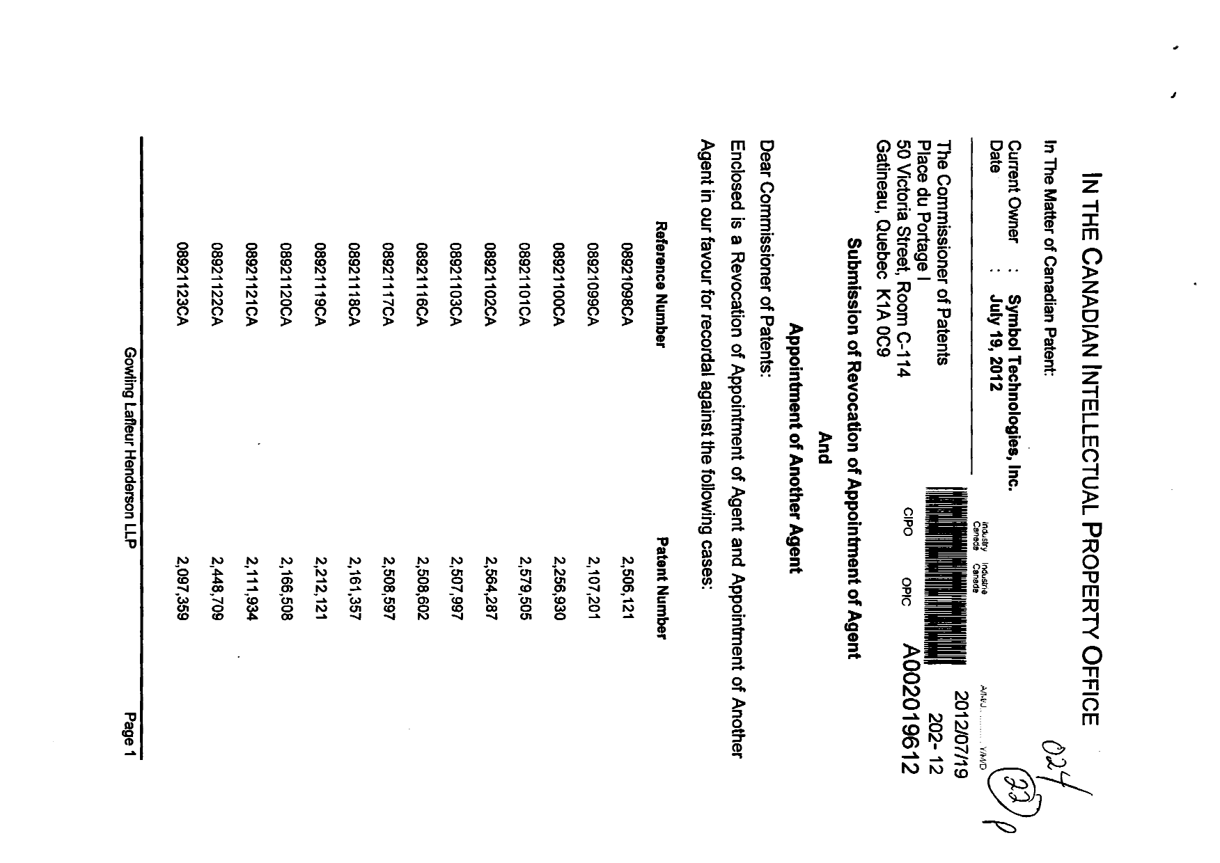Canadian Patent Document 2186923. Correspondence 20120719. Image 1 of 4