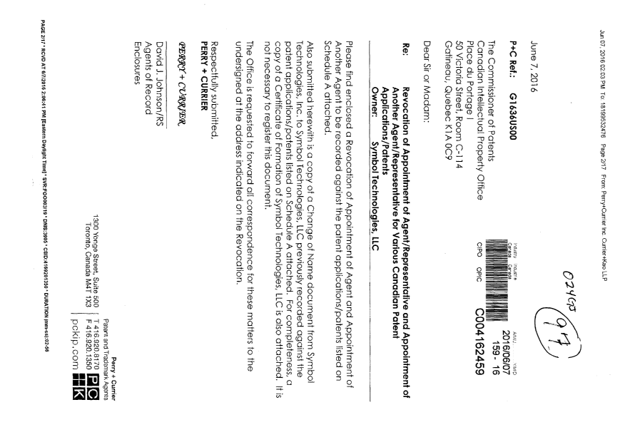 Document de brevet canadien 2186923. Correspondance 20160607. Image 1 de 17