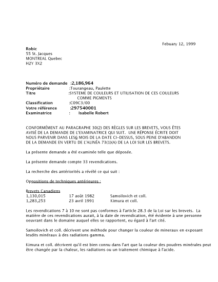 Canadian Patent Document 2186964. Prosecution-Amendment 19990212. Image 1 of 2