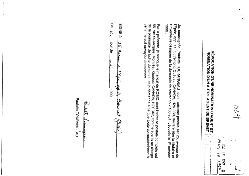 Canadian Patent Document 2186964. Correspondence 19990510. Image 1 of 1