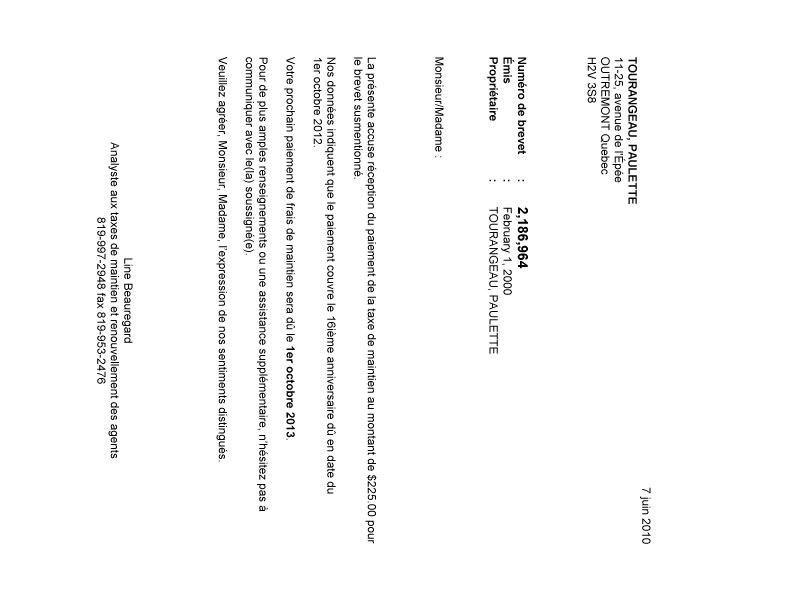 Canadian Patent Document 2186964. Correspondence 20100607. Image 1 of 1
