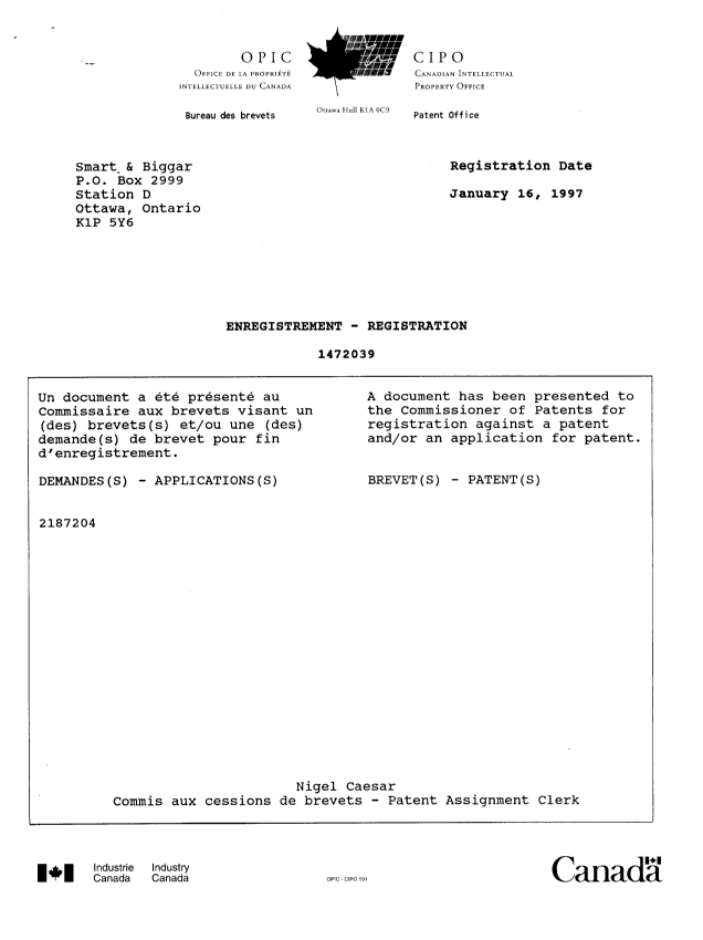 Canadian Patent Document 2187204. Assignment 19961004. Image 3 of 6