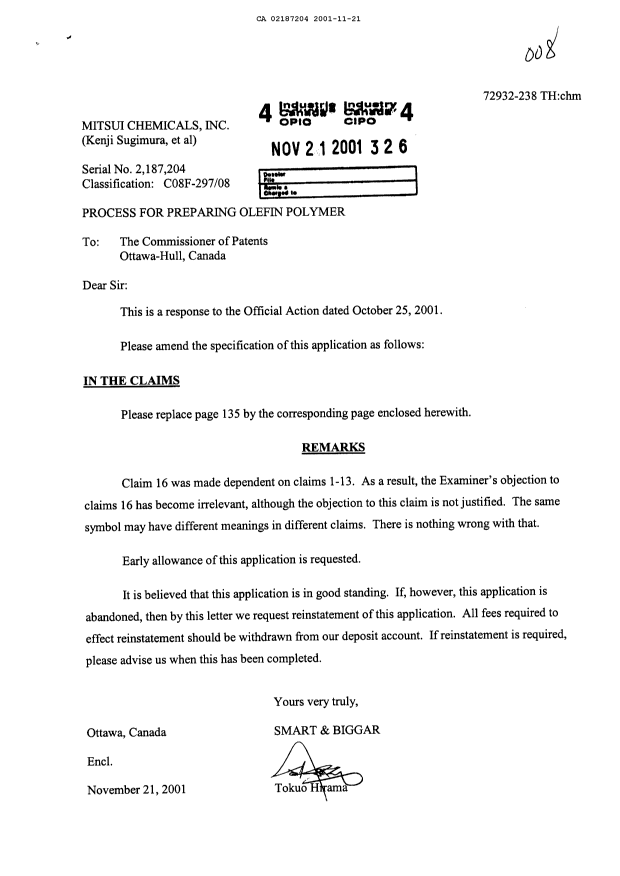 Canadian Patent Document 2187204. Prosecution-Amendment 20011121. Image 1 of 2