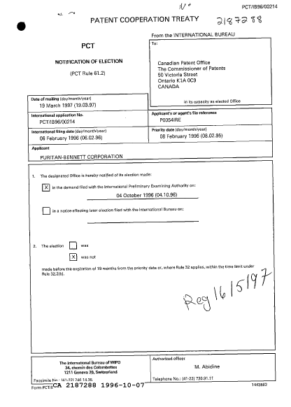 Document de brevet canadien 2187288. Rapport d'examen préliminaire international 19961007. Image 1 de 8