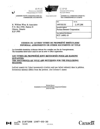 Document de brevet canadien 2187288. Lettre du bureau 19970530. Image 1 de 1
