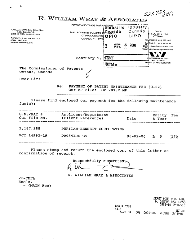 Document de brevet canadien 2187288. Taxes 20010205. Image 1 de 1