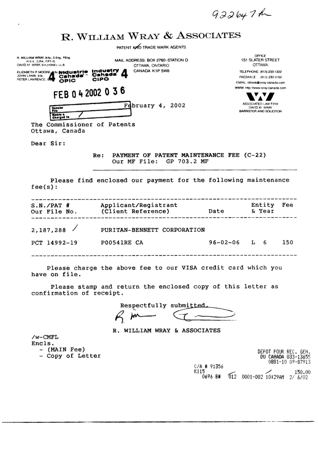 Document de brevet canadien 2187288. Taxes 20020204. Image 1 de 1