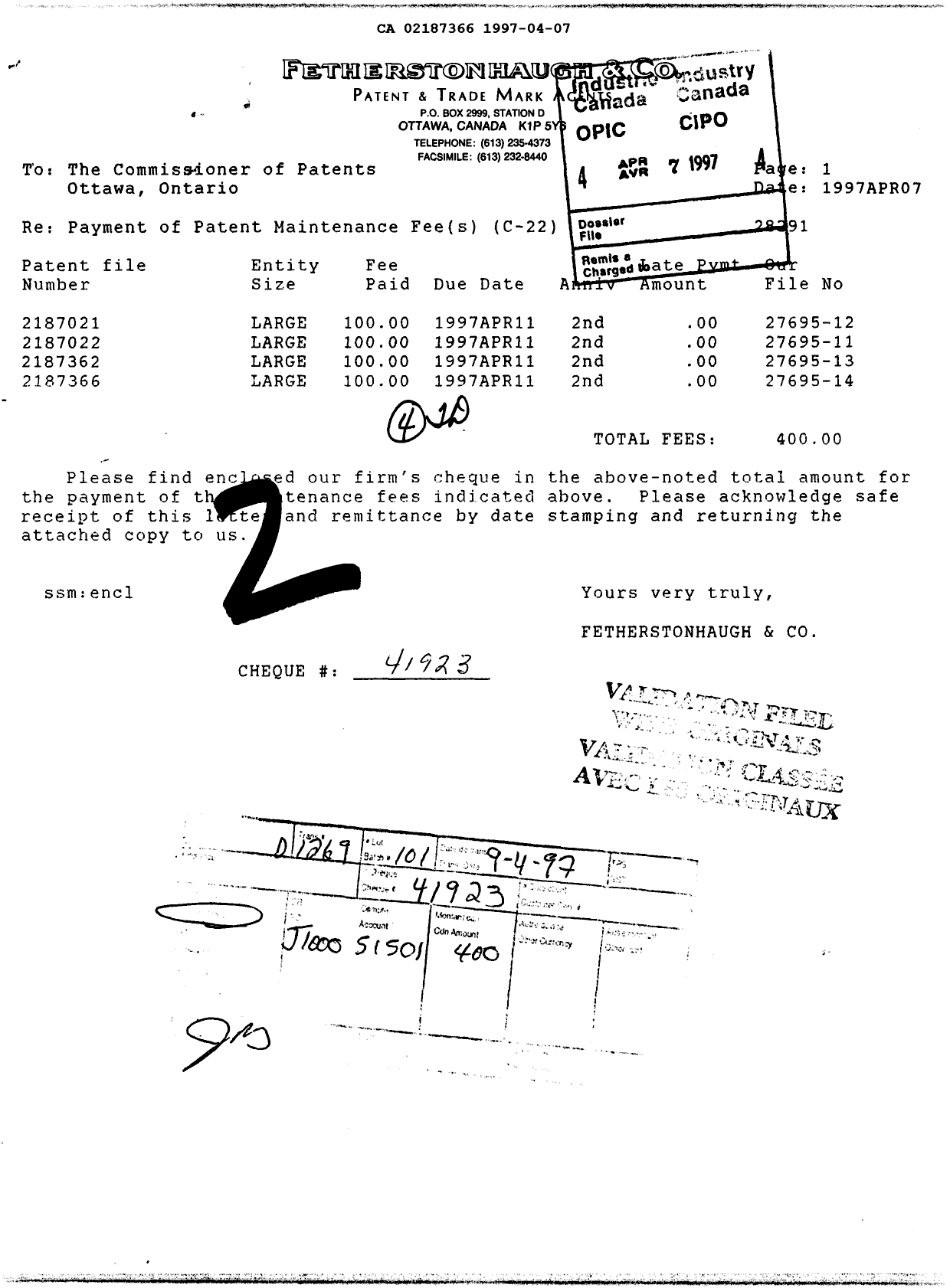 Canadian Patent Document 2187366. Fees 19961207. Image 1 of 1