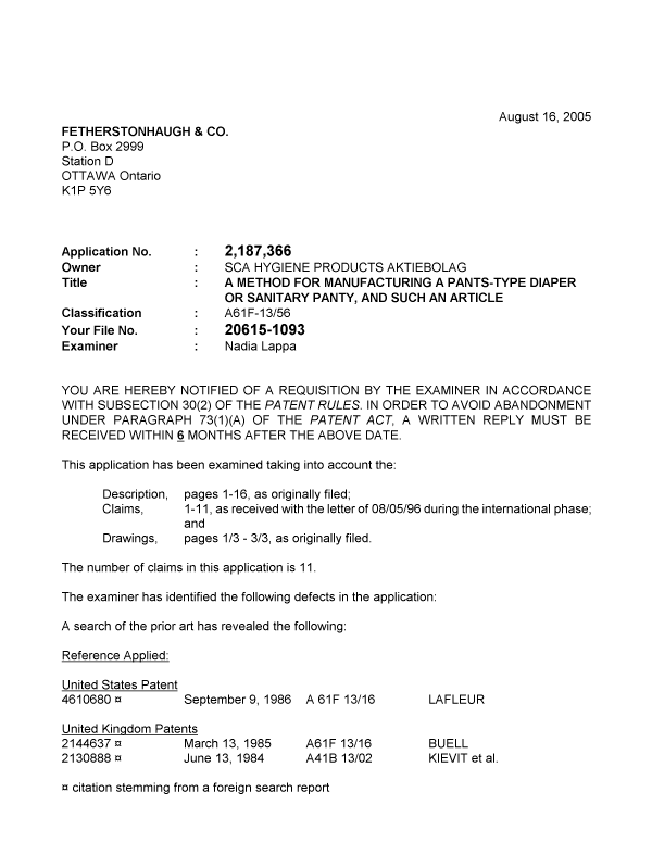 Canadian Patent Document 2187366. Prosecution-Amendment 20050816. Image 1 of 2