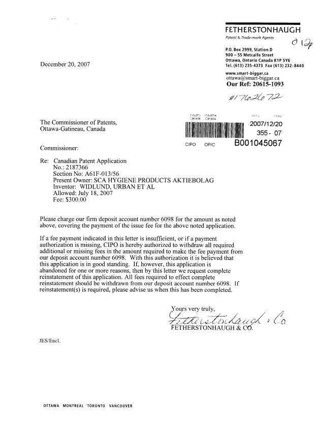Canadian Patent Document 2187366. Correspondence 20061220. Image 1 of 1