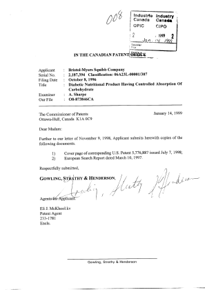 Canadian Patent Document 2187394. Prosecution-Amendment 19990114. Image 1 of 5