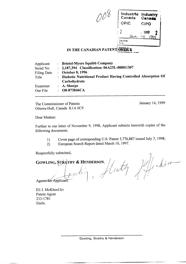 Document de brevet canadien 2187394. Poursuite-Amendment 19990114. Image 1 de 5