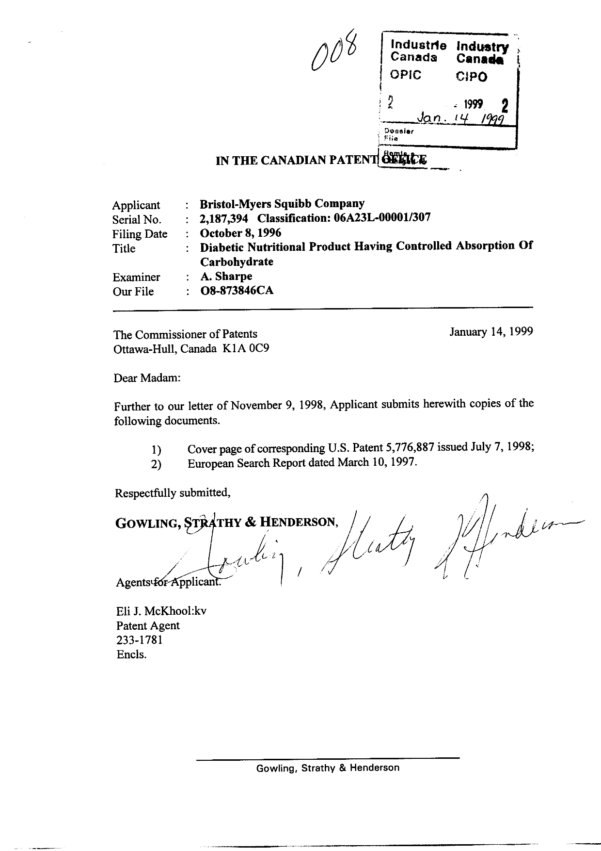Canadian Patent Document 2187394. Prosecution-Amendment 19990114. Image 1 of 5