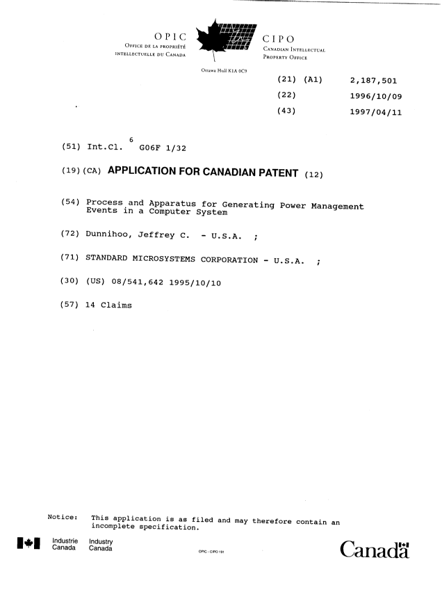 Canadian Patent Document 2187501. Cover Page 19970313. Image 1 of 1