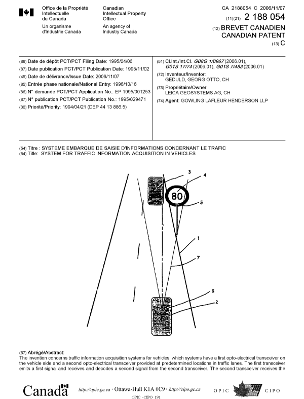 Canadian Patent Document 2188054. Cover Page 20061006. Image 1 of 2