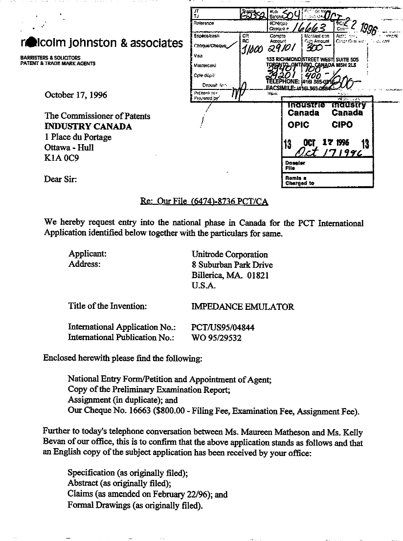 Document de brevet canadien 2188128. Cession 19961017. Image 1 de 11