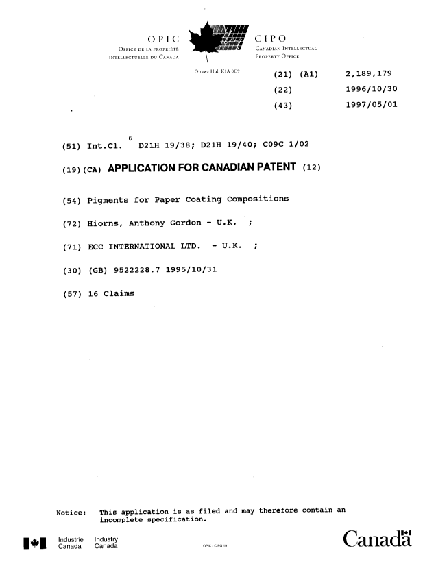 Canadian Patent Document 2189179. Cover Page 19980707. Image 1 of 1