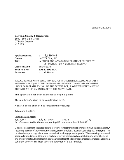 Canadian Patent Document 2189343. Prosecution-Amendment 20000128. Image 1 of 2