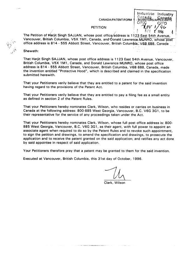 Document de brevet canadien 2189378. Cession 19961101. Image 2 de 3