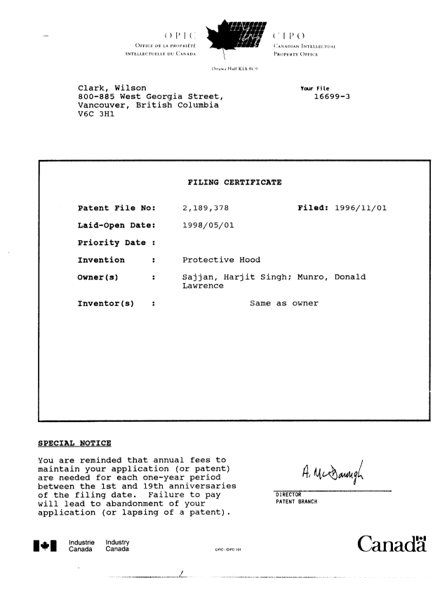Document de brevet canadien 2189378. Cession 19961101. Image 3 de 3