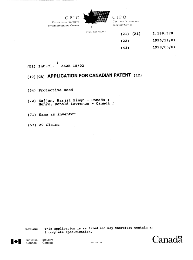 Canadian Patent Document 2189378. Cover Page 19961220. Image 1 of 1