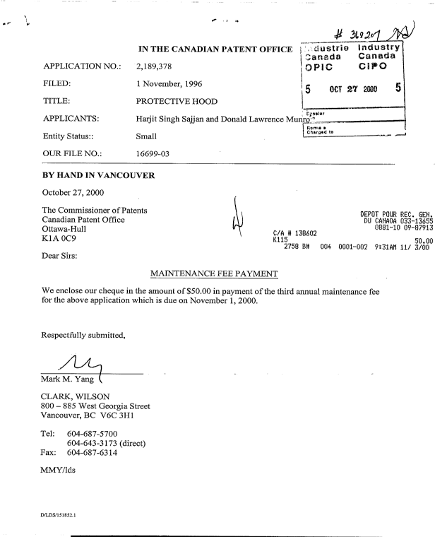 Document de brevet canadien 2189378. Taxes 19991227. Image 1 de 1