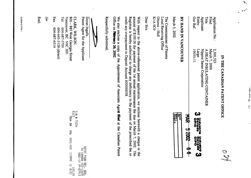 Document de brevet canadien 2189378. Correspondance 20011205. Image 1 de 8