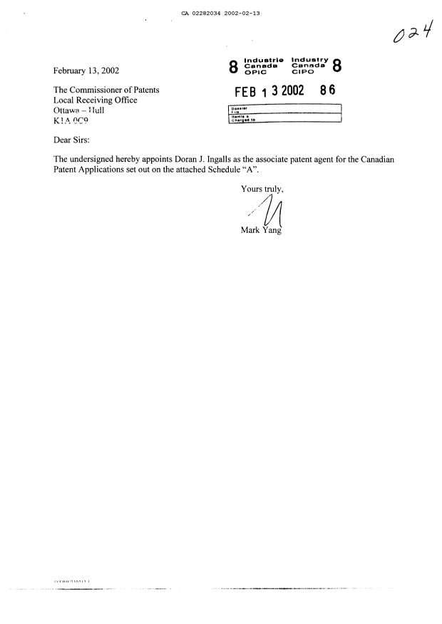 Document de brevet canadien 2189378. Correspondance 20011213. Image 1 de 6