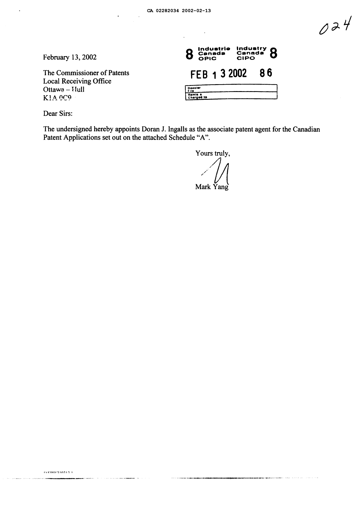 Canadian Patent Document 2189378. Correspondence 20011213. Image 1 of 6
