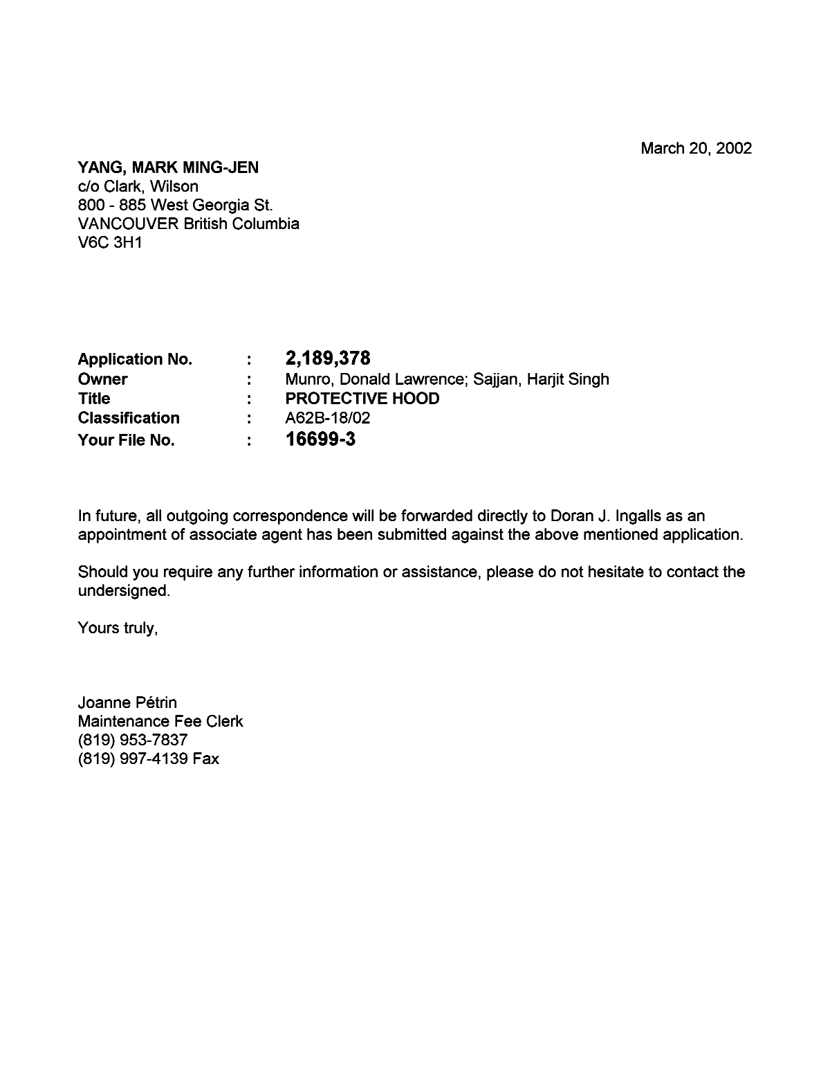 Document de brevet canadien 2189378. Correspondance 20011220. Image 1 de 1