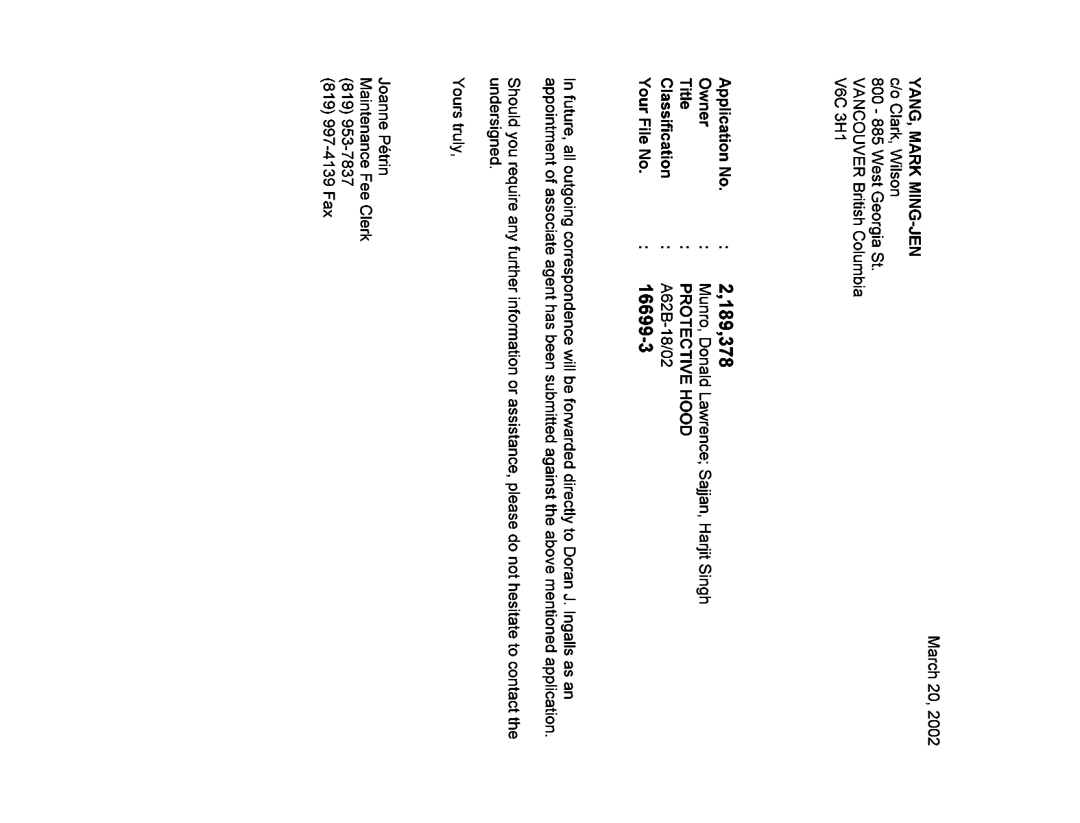 Document de brevet canadien 2189378. Correspondance 20011220. Image 1 de 1