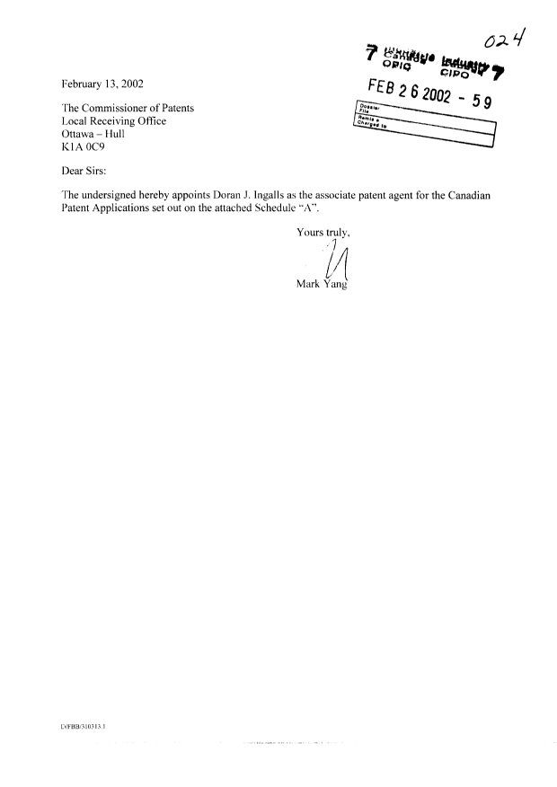 Canadian Patent Document 2189378. Correspondence 20011226. Image 1 of 6