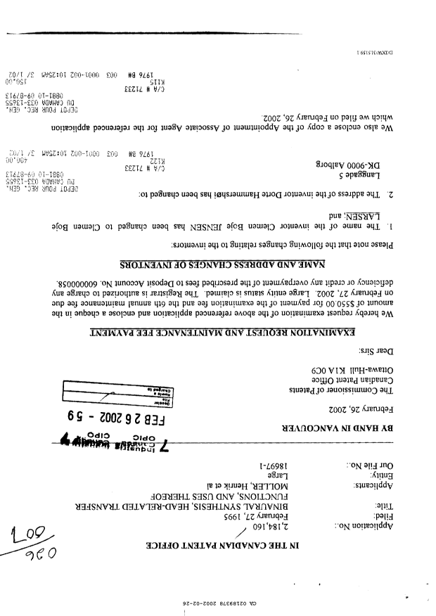 Canadian Patent Document 2189378. Prosecution-Amendment 20011226. Image 1 of 8