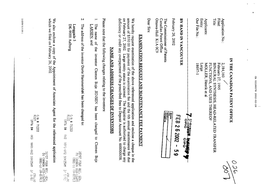 Document de brevet canadien 2189378. Poursuite-Amendment 20011226. Image 1 de 8