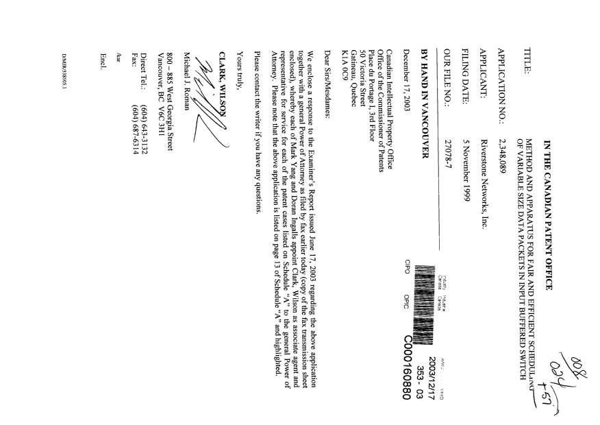 Canadian Patent Document 2189378. Correspondence 20021217. Image 1 of 22