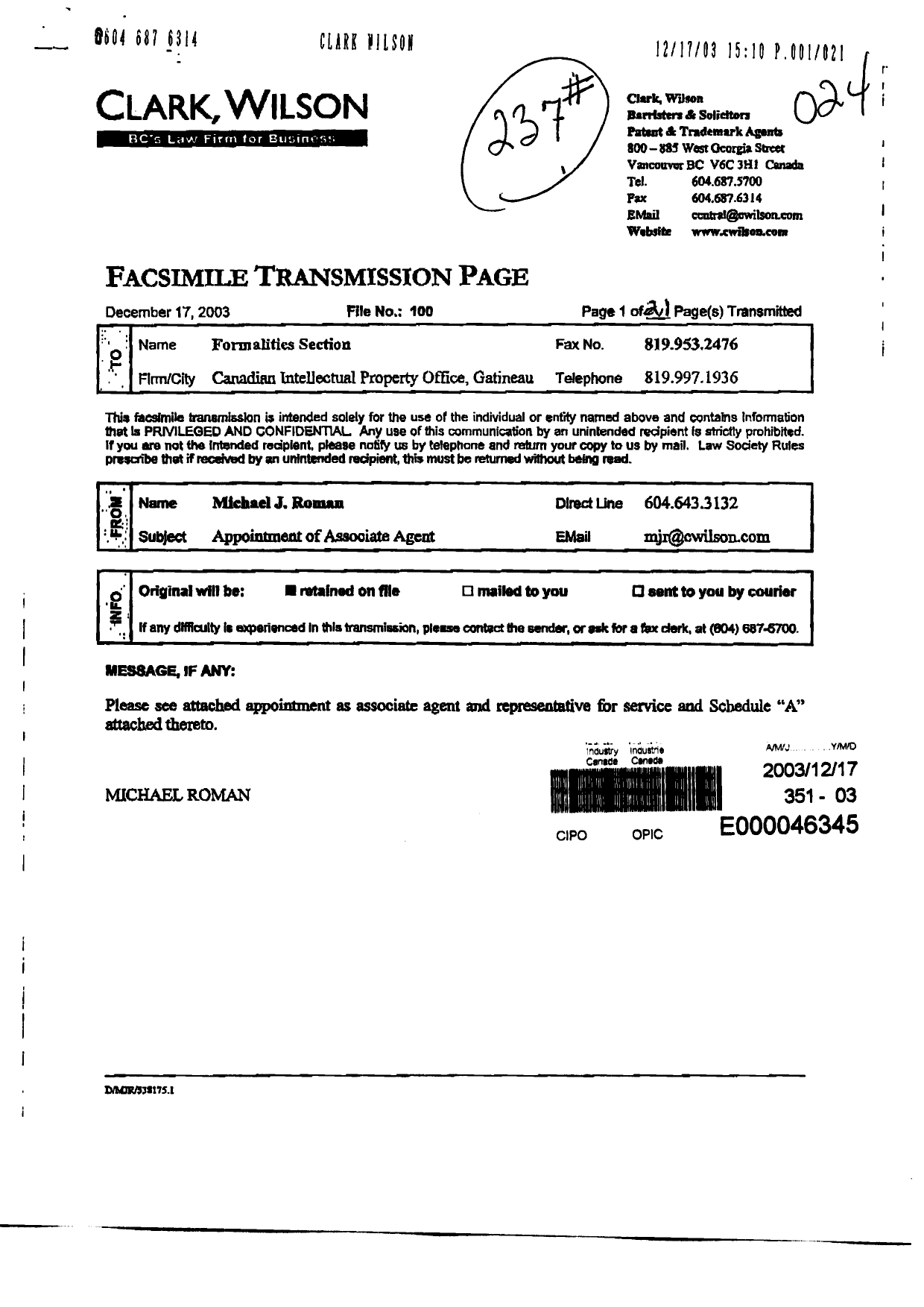 Canadian Patent Document 2189378. Correspondence 20021217. Image 1 of 21