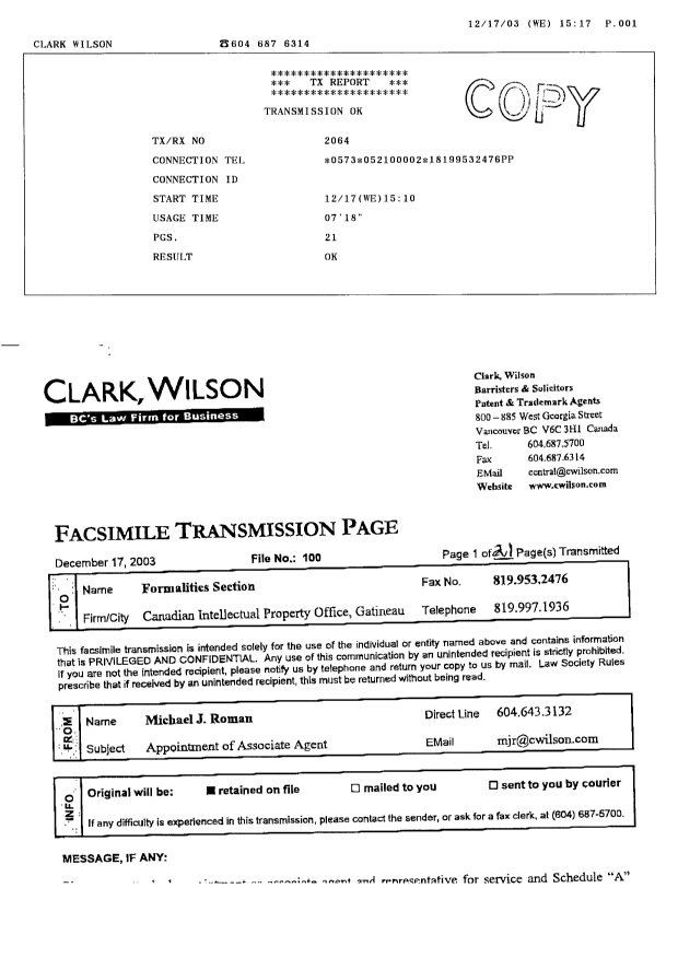 Document de brevet canadien 2189378. Correspondance 20021217. Image 22 de 22