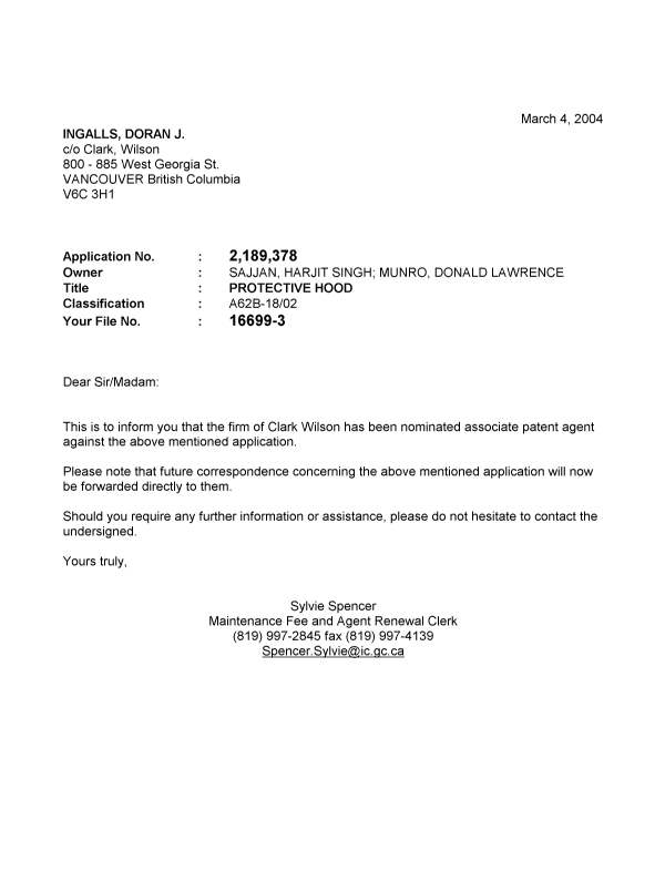 Canadian Patent Document 2189378. Correspondence 20031204. Image 1 of 1