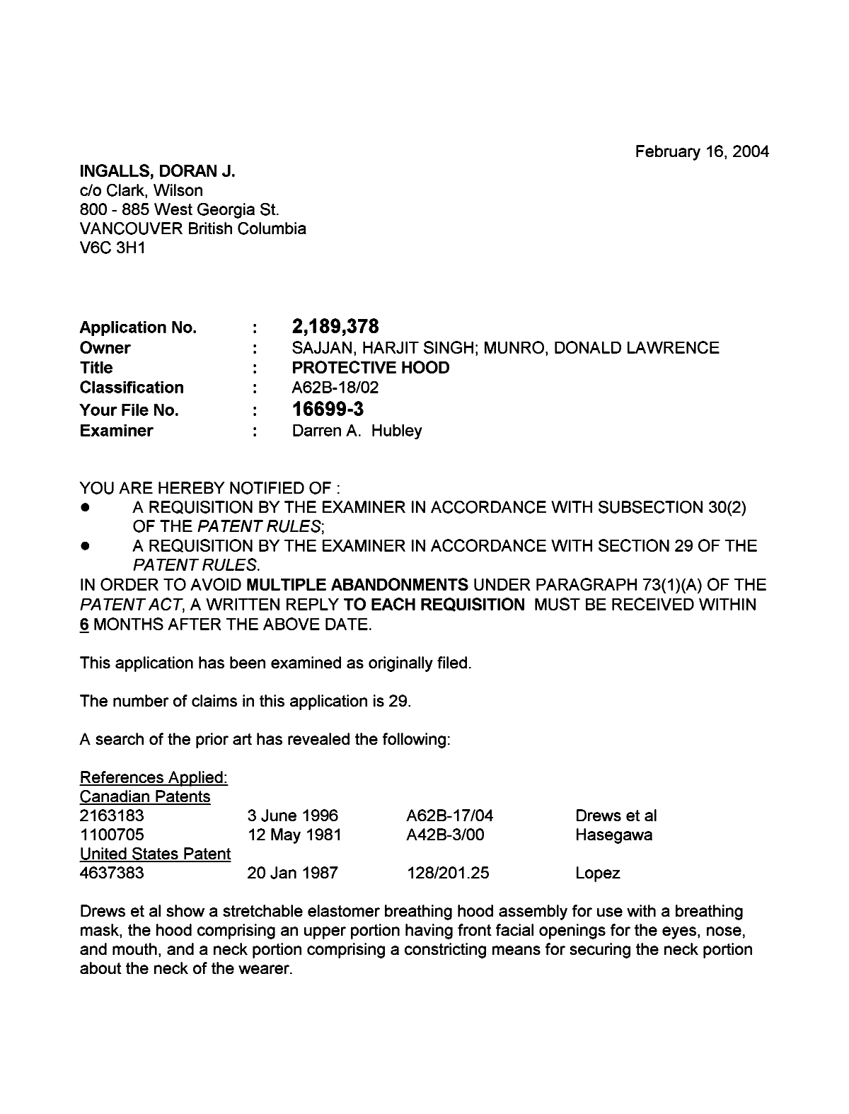 Canadian Patent Document 2189378. Prosecution-Amendment 20031216. Image 1 of 3
