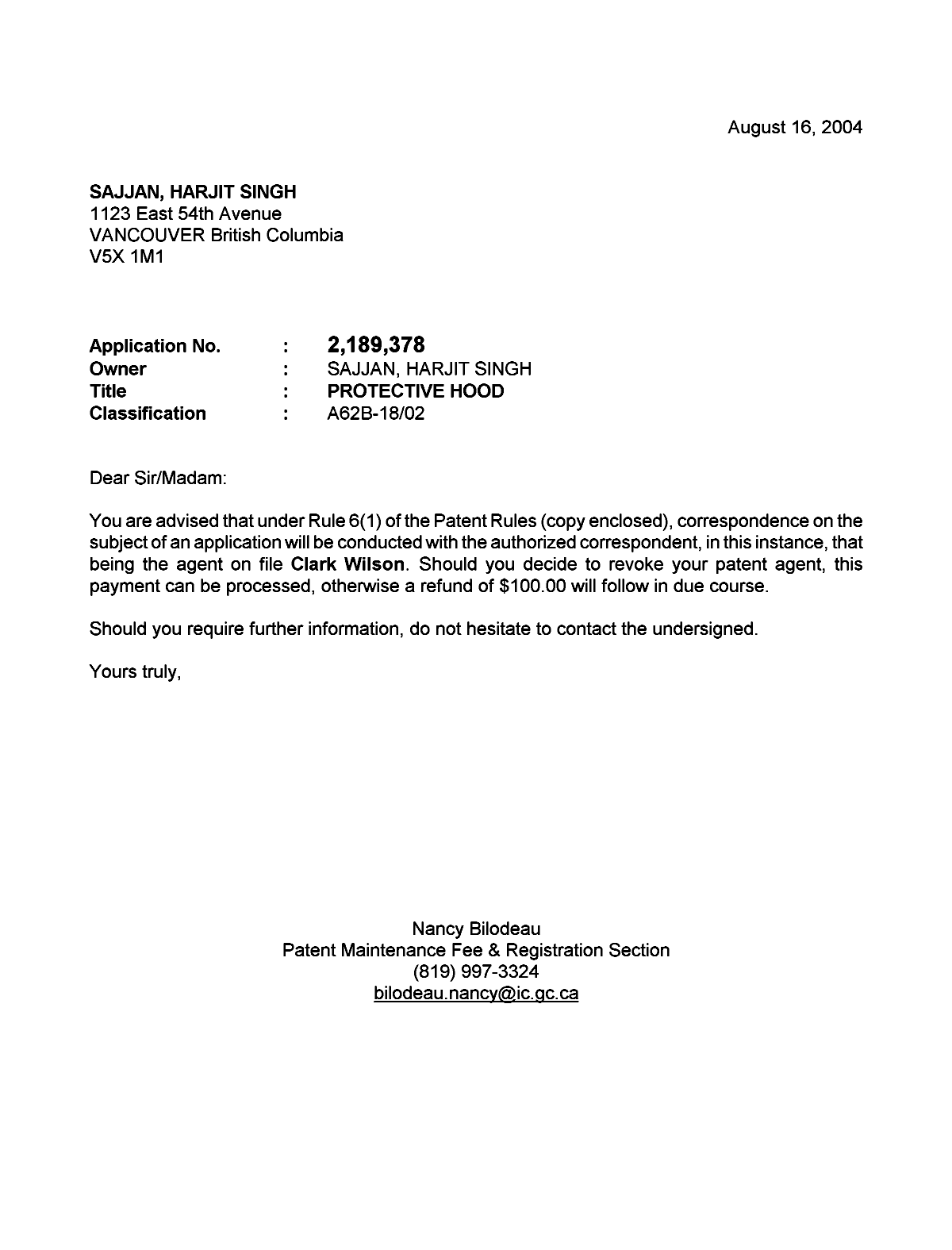Canadian Patent Document 2189378. Correspondence 20031216. Image 1 of 1