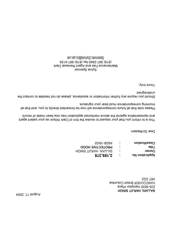 Document de brevet canadien 2189378. Correspondance 20031217. Image 1 de 1