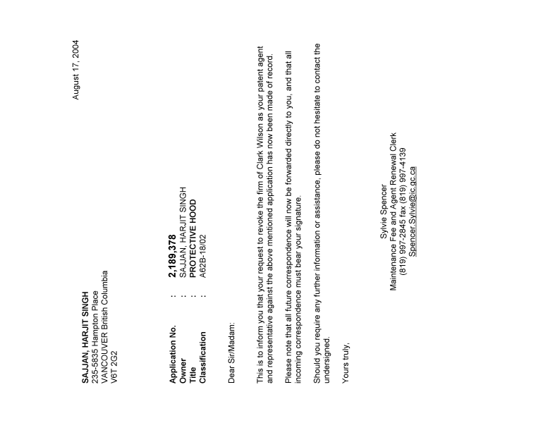 Canadian Patent Document 2189378. Correspondence 20031217. Image 1 of 1