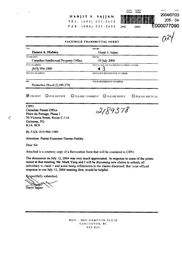 Canadian Patent Document 2189378. Correspondence 20031223. Image 1 of 3