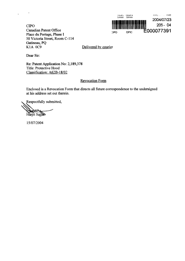 Canadian Patent Document 2189378. Correspondence 20031223. Image 2 of 3