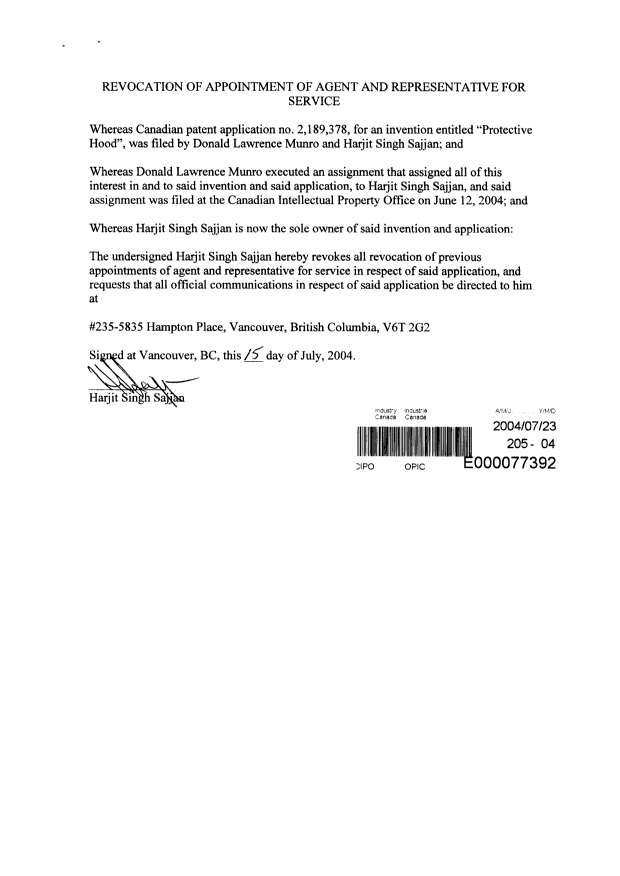 Canadian Patent Document 2189378. Correspondence 20031223. Image 3 of 3