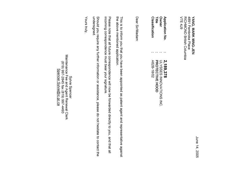 Document de brevet canadien 2189378. Correspondance 20041214. Image 1 de 1