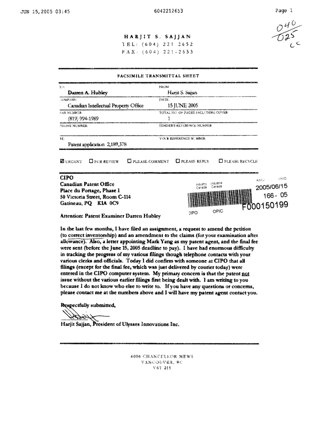 Document de brevet canadien 2189378. Cession 20041215. Image 1 de 1